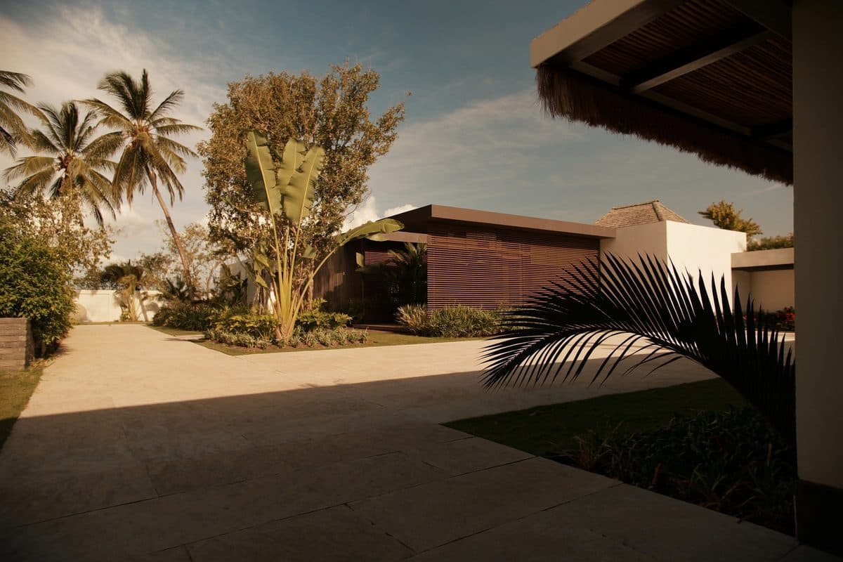 Modern villa with a dark timber facade and a stone forecourt, under palm trees