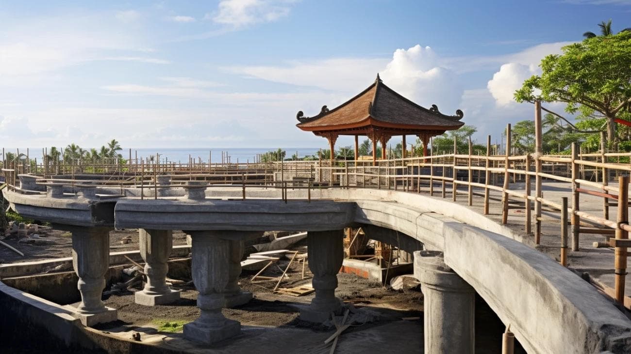 Half-finished concrete terrace on pillars with exposed reinforcing bar, beside a traditional Balinese pavilion, on a coastal building site.